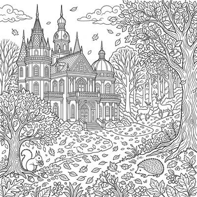 Immerse yourself in the magic of autumn with this stunning coloring page featuring a magnificent winter palace. Explore a detailed landscape filled with fall foliage and charming woodland animals.