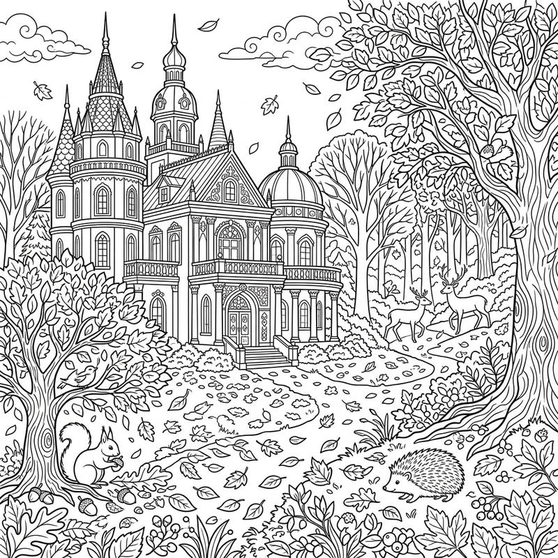 Immerse yourself in the magic of autumn with this stunning coloring page featuring a magnificent winter palace. Explore a detailed landscape filled with fall foliage and charming woodland animals.