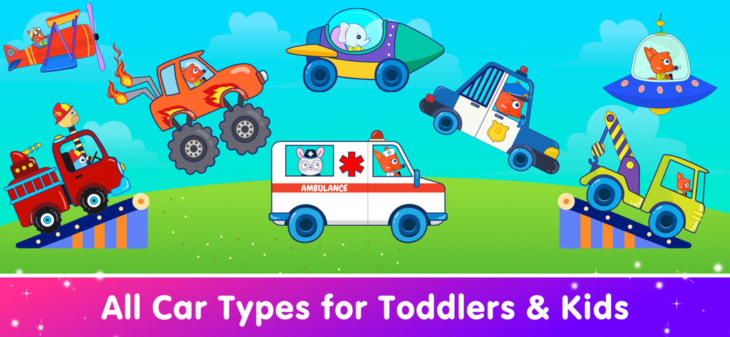 Kids Car Games for Toddlers - 緑の風景の中を走る、消防車、モンスター・トラック、救急車などのカラフルなカートゥーン車両とかわいい動物たち。