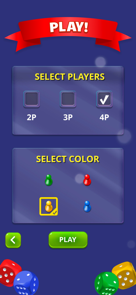 Pantalla de configuración del juego de mesa Parchís mostrando la selección de jugadores y colores.
