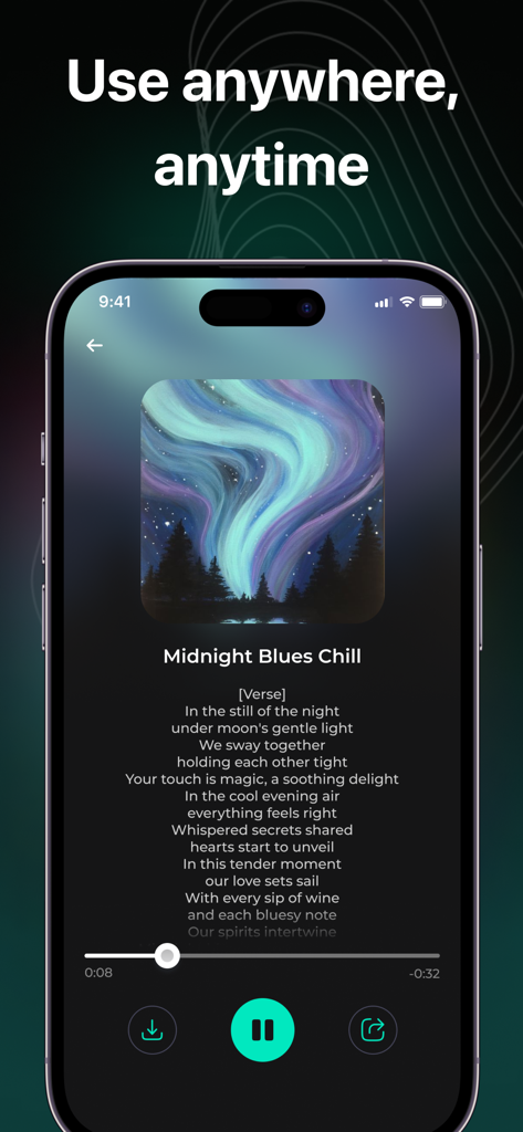 AI Song & Music Maker-SongLab - Mobile app interface showing AI-generated music playback with lyrics and album art