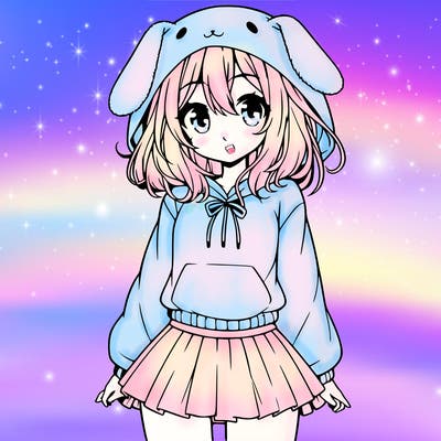 pretty anime girl wearing a fluffy hoodie with bunny ears on the hood and a skirt