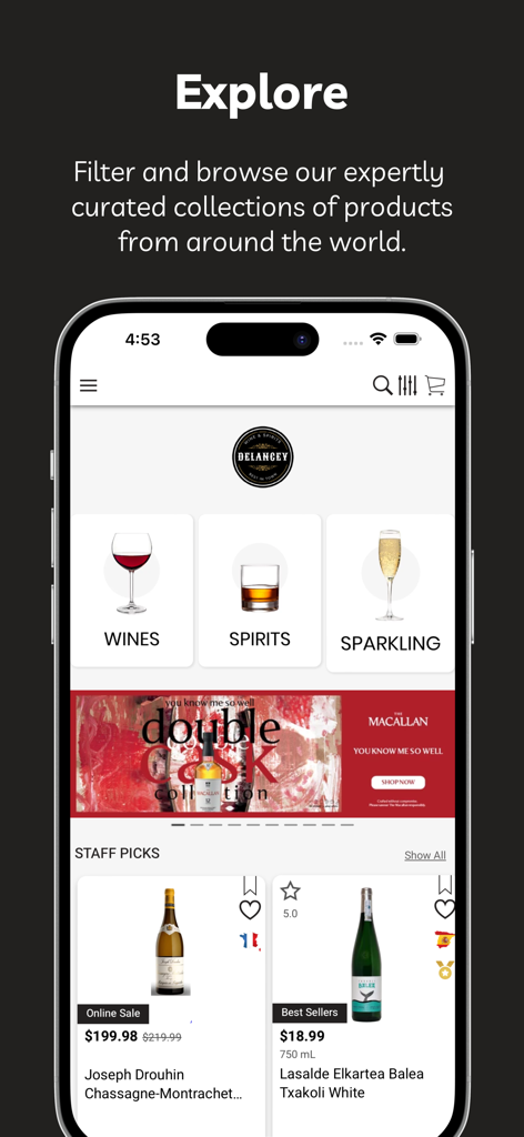 Delancey Wine & Spirits - Explore screen of the Delancey Wine and Spirits app featuring wine categories and staff picks