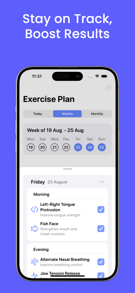 Sleep Apnea & Snore Exercises - Pantalla del plan de ejercicios semanal en la aplicación Ejercicios para Apnea del Sueño y Ronquidos que muestra los ejercicios de lengua y respiración completados por la mañana y por la noche