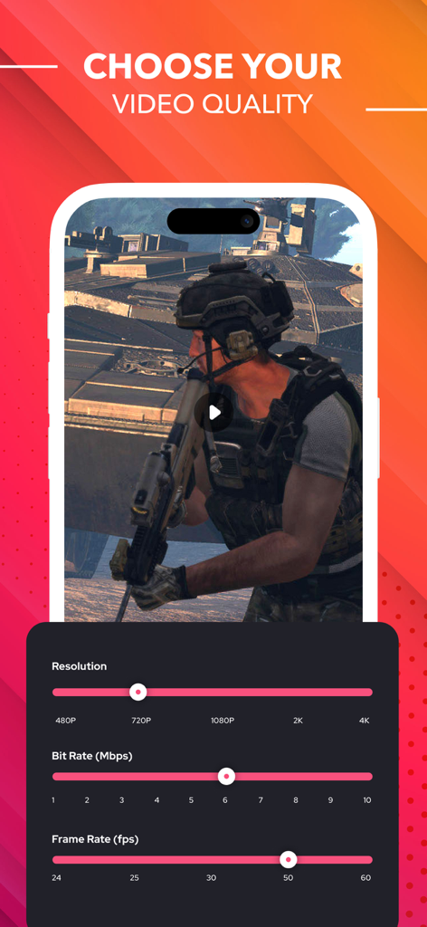 Mobile screen recorder interface showing adjustable settings for video resolution bit rate and frame rate