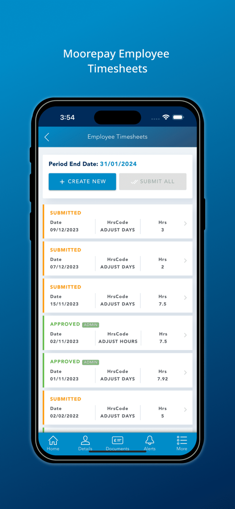 Uma tela de aplicativo móvel para Moorepay mostrando uma lista de envios de folhas de ponto de funcionários com seu status de aprovação.