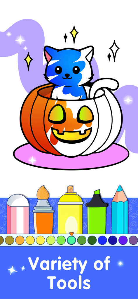 A kids coloring app screen showing a cat in a pumpkin with a variety of drawing tools like brushes and markers