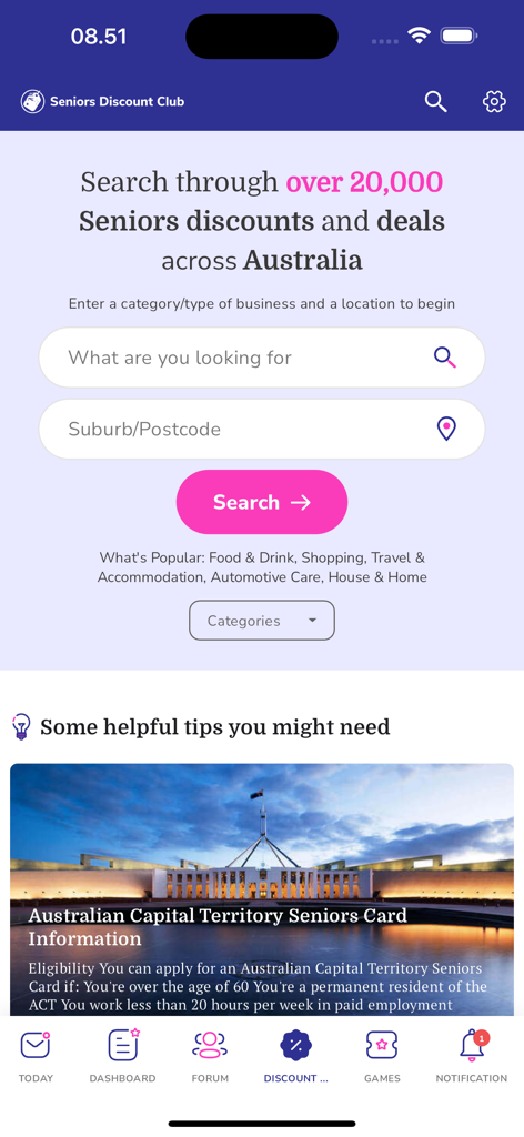 Seniors Discount Club - Seniors Discount Club app interface showing a search bar for senior discounts and deals across Australia with a tips section.