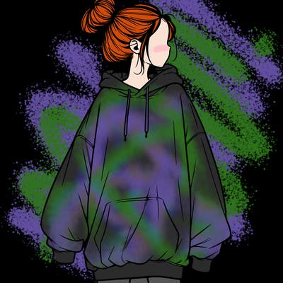 realistic girl with a oversized sweatshirt on and a bun