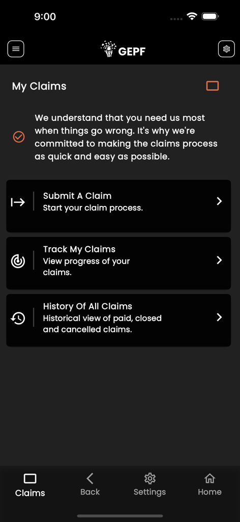 GEPF Self Service - GEPF Self Service app interface displaying the My Claims screen with options to submit a claim track claims and view claim history