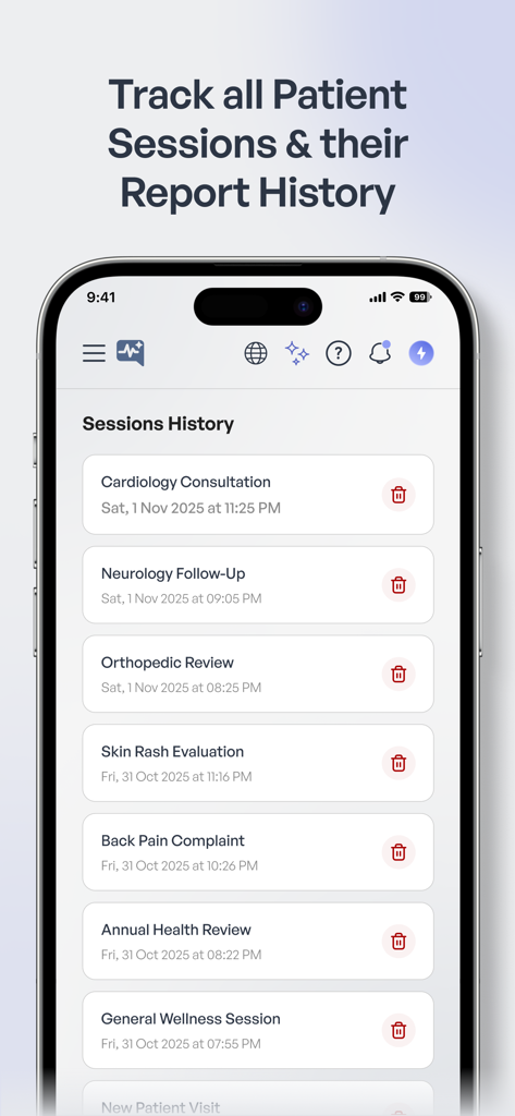 Medtalk: AI Medical Scribe - Pantalla de teléfono inteligente que muestra la página de historial de sesiones de la aplicación Medtalk con varios registros de consulta médica como cardiología y neurología
