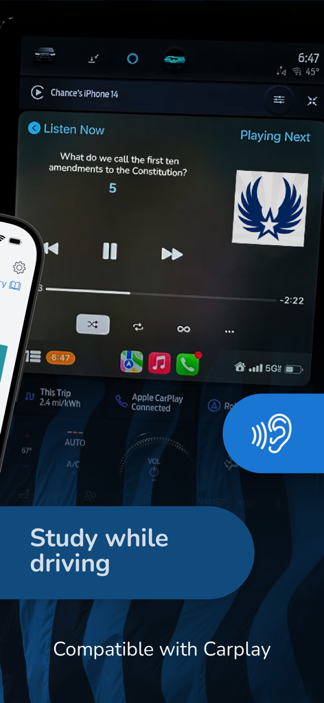 Citizen Now: US Citizenship - Interface of the Citizen Now app on Apple CarPlay showing a civics test question for hands-free studying while driving