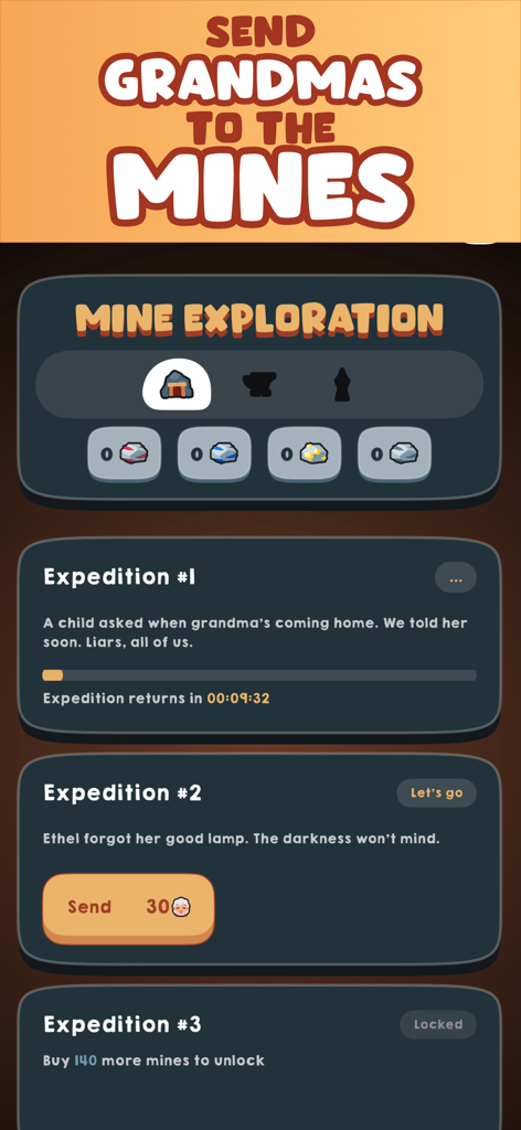 Cookie Empire: Idle Clicker - Pantalla de Exploración de Minas en Cookie Empire donde los jugadores envían abuelas a expediciones en busca de recursos con texto de humor negro.