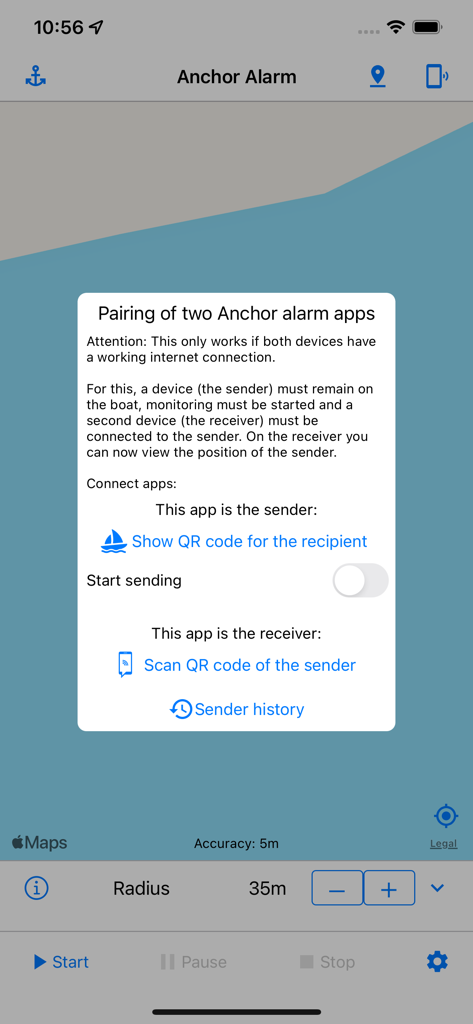 Interface showing the pairing of two Anchor Alarm apps for remote boat monitoring via QR code.