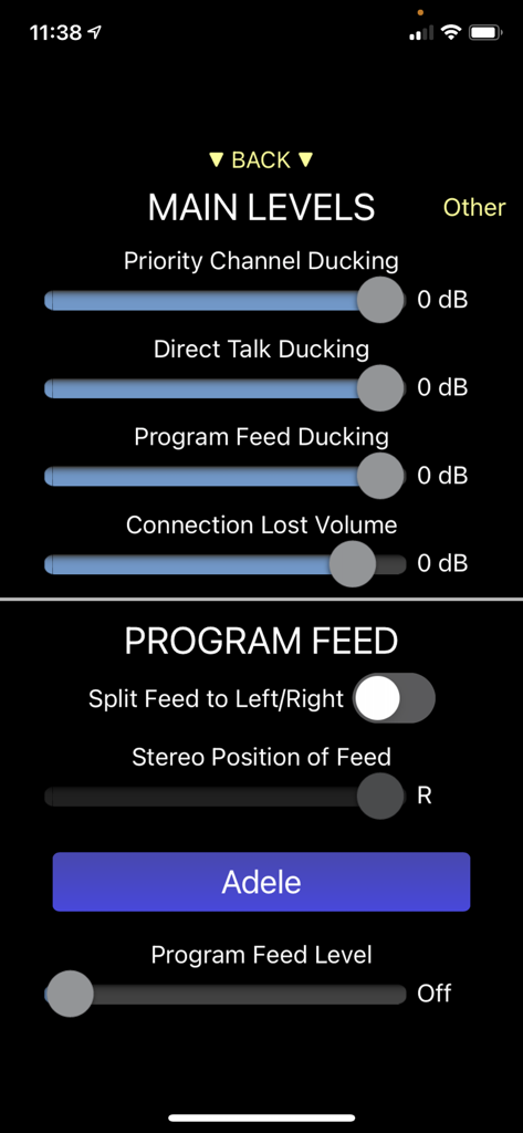 Unity Intercom app interface displaying audio mixing settings and program feed controls