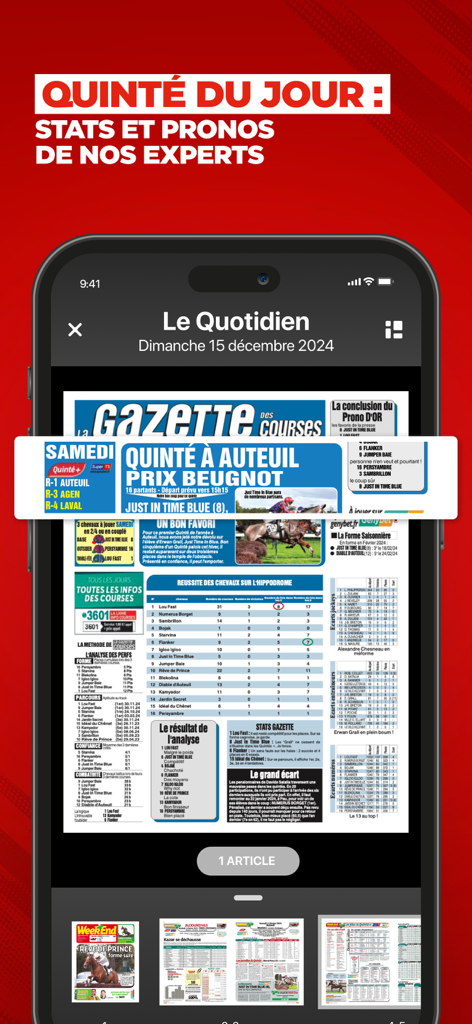 Digital newspaper interface of La Gazette des Courses app featuring horse racing stats and expert tips