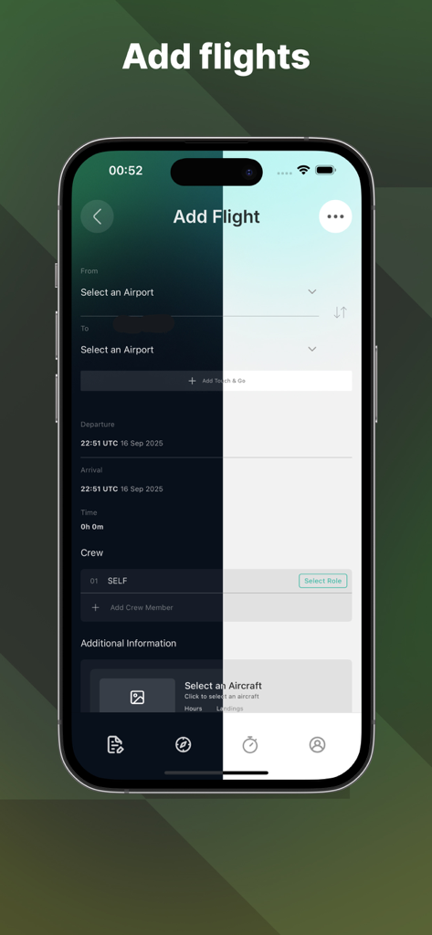 Avilog - The Add Flight screen in the Avilog app showing options to log airport departure and arrival