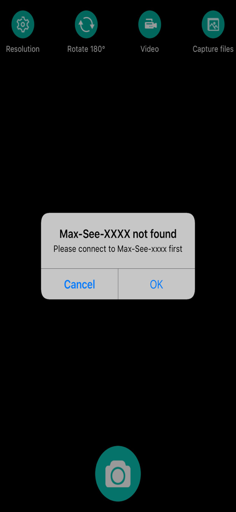 Pantalla de la aplicación Max-see mostrando un mensaje de error de conexión pidiendo al usuario que se conecte al dispositivo vía Wi-Fi.