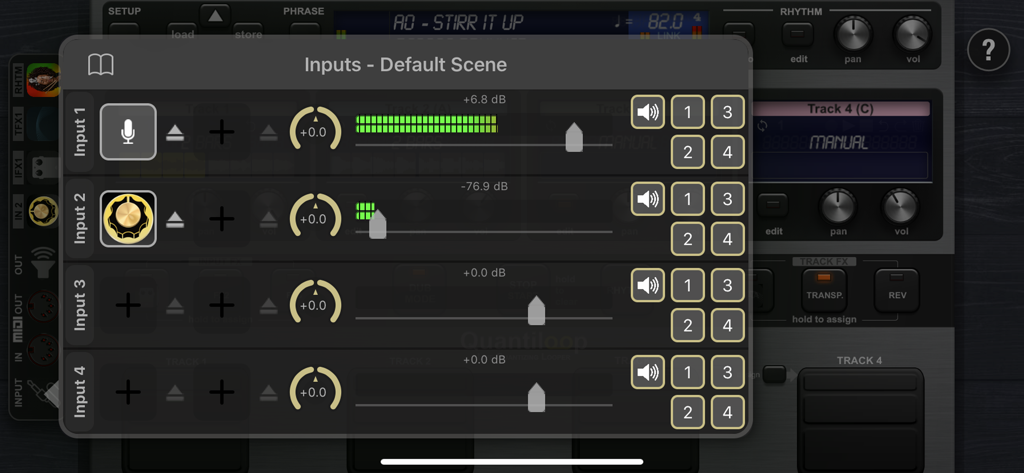 Quantiloop Pro input settings interface with audio level meters and channel routing.