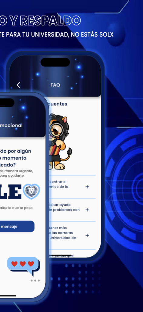 LEO UdeG - LEO UdeG university app FAQ and support interface with mascot