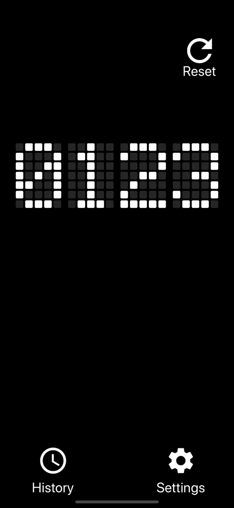 Tally Counter DIGITAL - Interfaz de contador digital con dígitos LED de matriz de puntos blancos e íconos de menú sobre un fondo negro.