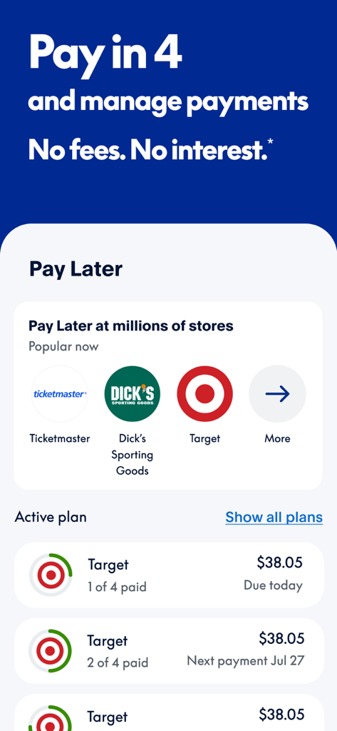 PayPal app screen showing the Pay in 4 interest free installment payment feature
