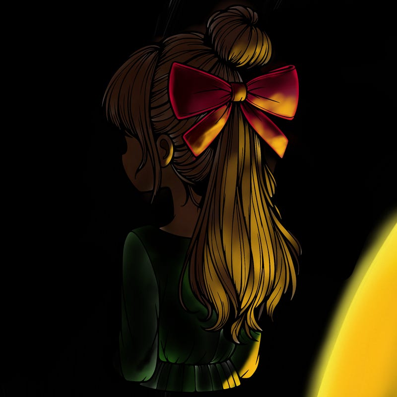 realistic girl  with hip length hair a bun and a big bow on the back of head