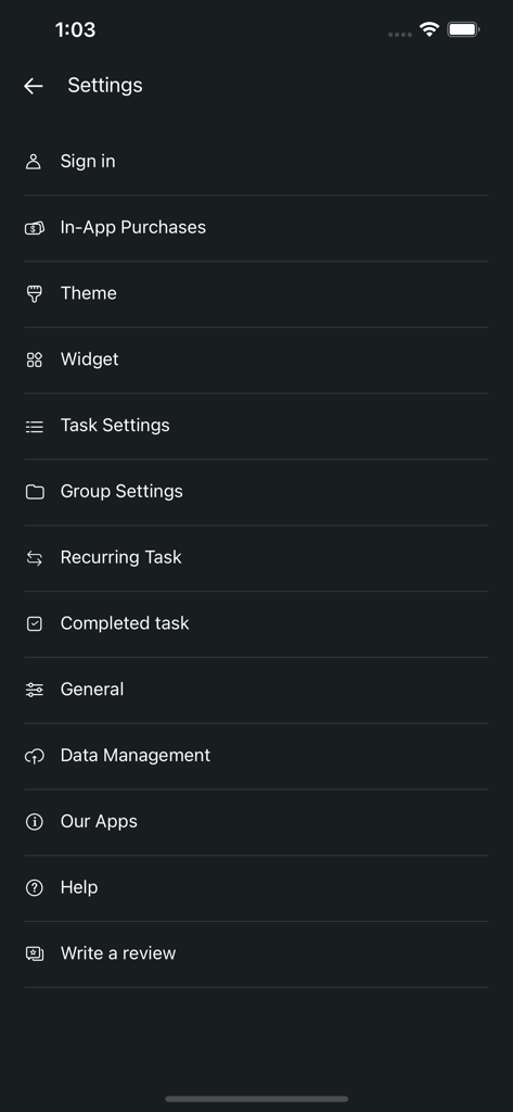 Settings menu of the Do! Simple To Do List app with options for theme, widget, and task management.
