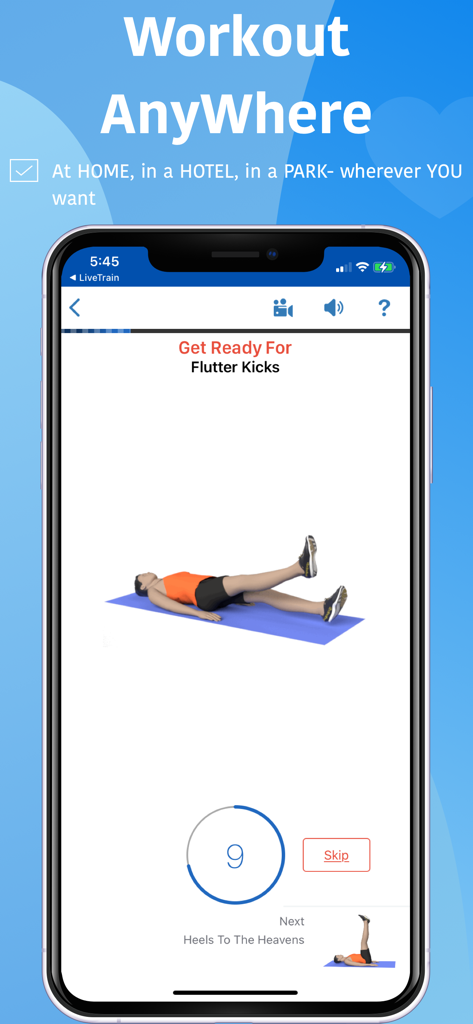 Mobile app interface showing a flutter kicks abdominal workout animation with the text Workout AnyWhere.
