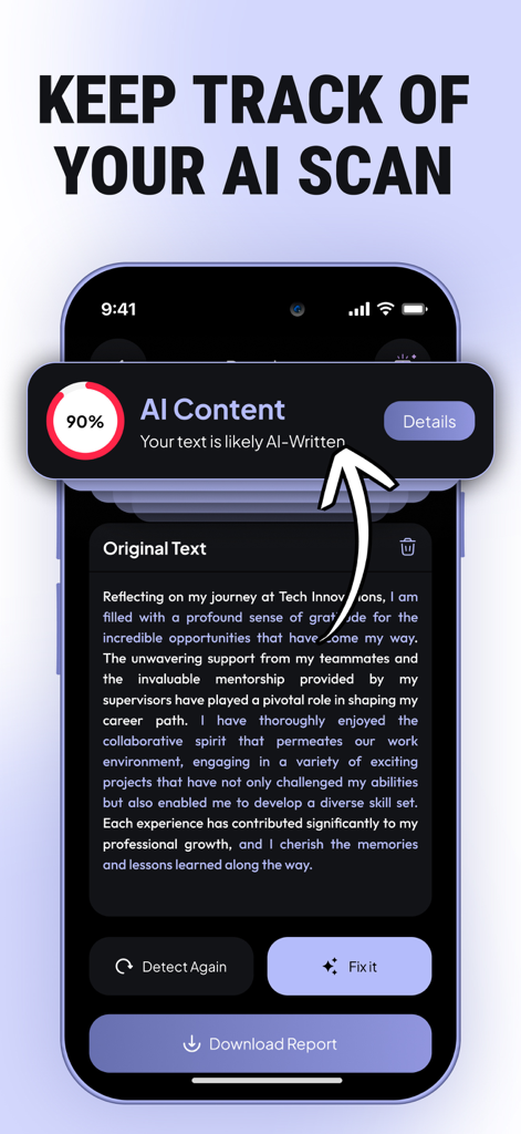 AI Detector - Text Humanizer - Interface of the AI Detector app showing a ninety percent AI content score with options to fix text or download a report