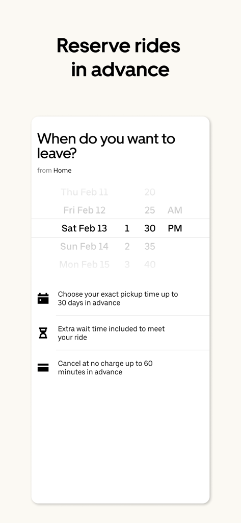 Uber app interface for scheduling a ride in advance with a date and time picker.