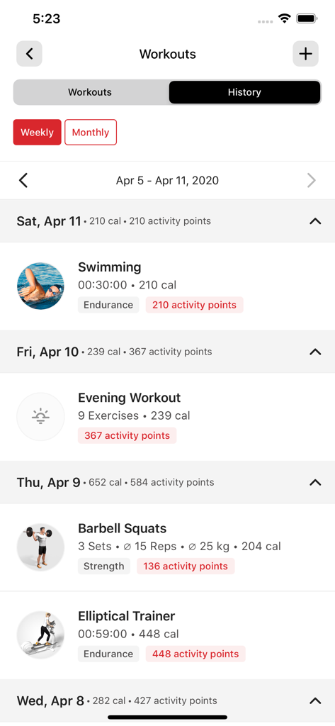 My Active App - Weekly workout history in My Active App showing swimming and strength training logs with calories and activity points.