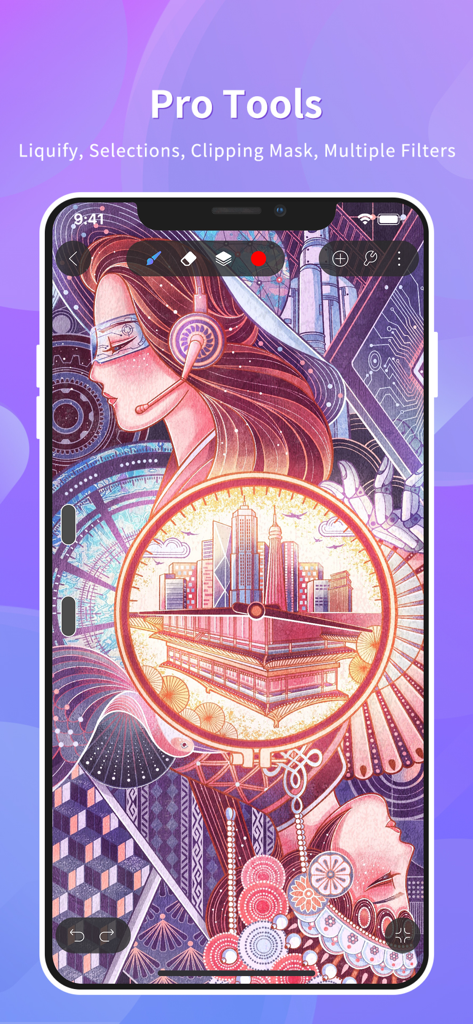 HiPaint- Sketch & Paint - Interface de l'application HiPaint sur un smartphone affichant des outils d'illustration professionnels et une peinture numérique.