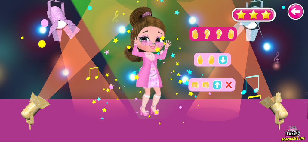 LOL Surprise Tweens 앱의 반짝이는 댄스 무대에서 공연하는 Fancy Gurl 캐릭터