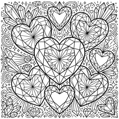 Unleash your inner artist with this mesmerizing Crystal Hearts coloring page, boasting a stunning array of faceted gemstones. This intricate design invites you to explore a world of shimmering beauty, perfect for a relaxing and creative escape.