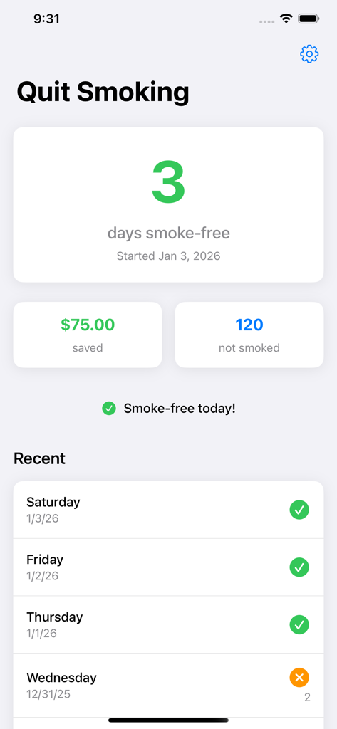 Capture d'écran du tableau de bord de l'application Quit Smoking Buddy montrant les jours sans fumée et l'argent économisé.