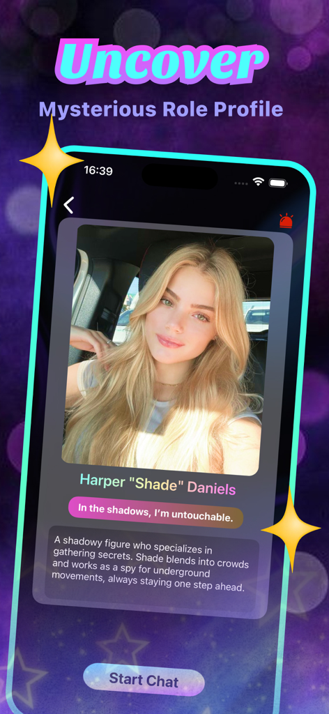 Character profile for Harper Shade Daniels in the Goop AI companion app