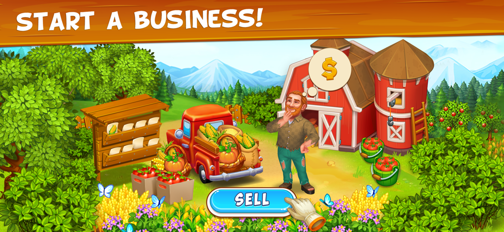 Ein Bauer steht neben einem LKW voller Ernte mit einer Verkaufsschaltfläche im Farm Town-Spiel