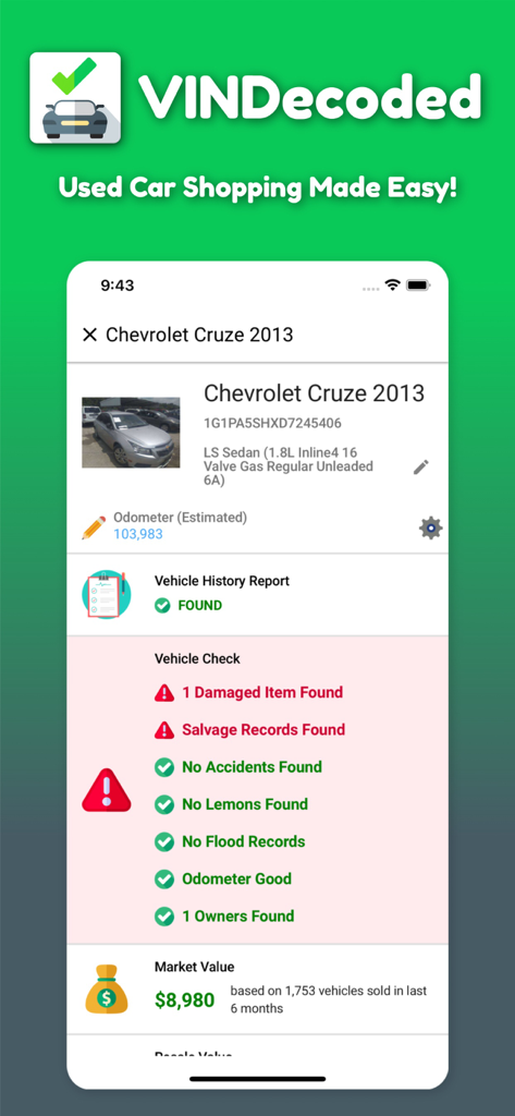 Un rapporto sull'auto usata dall'app VINDecoded che mostra la storia del veicolo e il valore di mercato