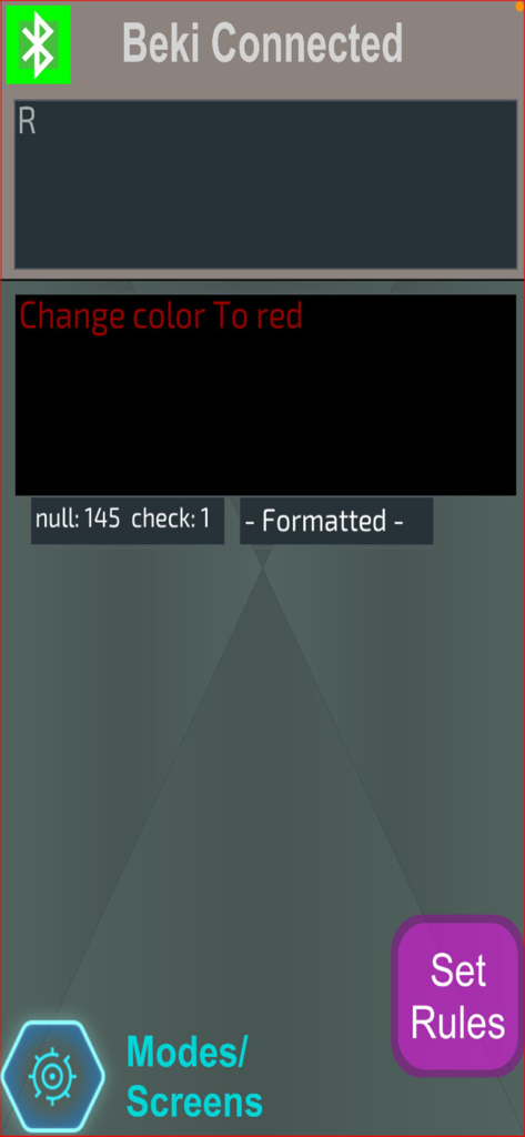 Arduino Bluetooth Pro app interface showing a voice command to change color to red and navigation buttons for modes and rules
