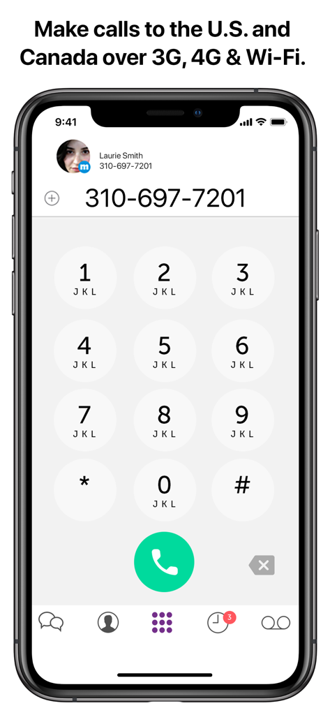 Interface de smartphone magicApp montrant le pavé de numérotation pour passer des appels aux États-Unis et au Canada