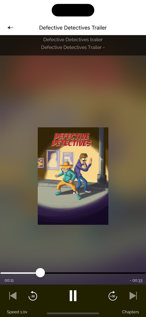Video player in Tinkle Comics app showing the Defective Detectives trailer