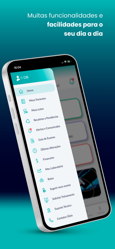 e-DB - Menú lateral de la aplicación de gestión médica e-DB que muestra funciones de laboratorio y paciente