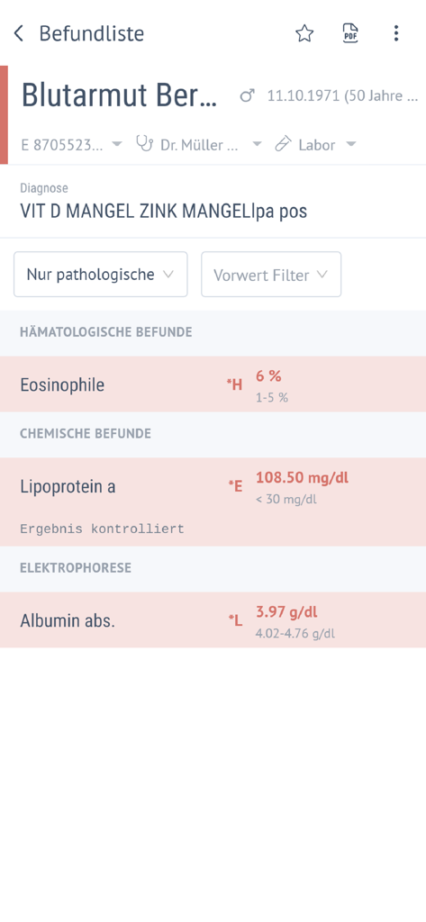 Labor Mustafa / Zentral Labor - Interfaz de la aplicación móvil que muestra resultados detallados de análisis de sangre y diagnósticos médicos.