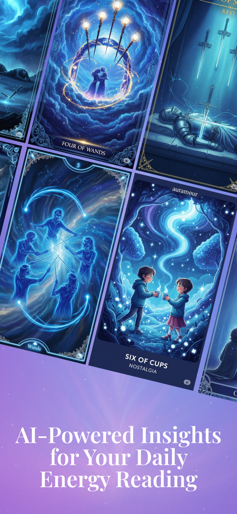 Tarjetas de lectura de energía de IA con misteriosas ilustraciones azules