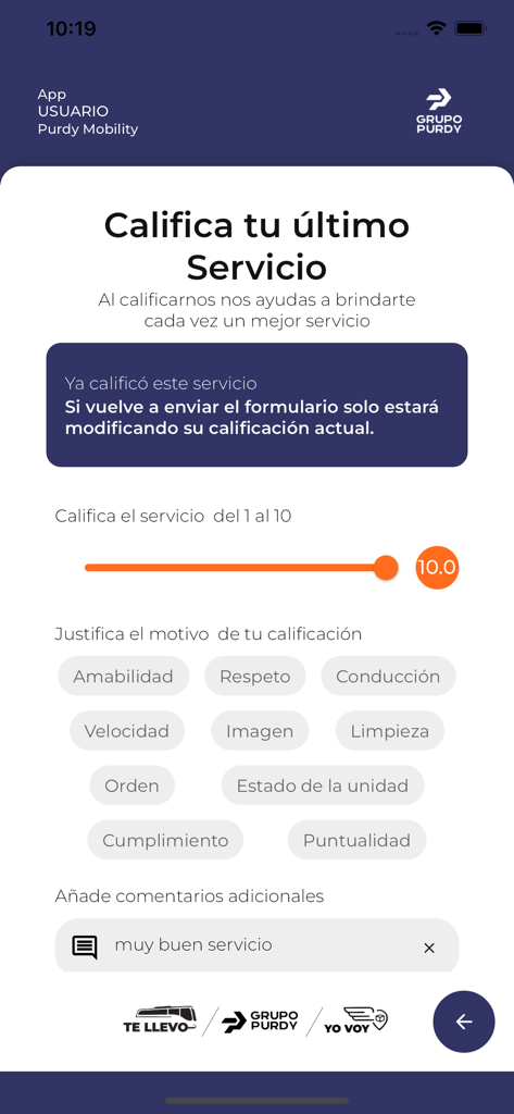Purdy Mobility - Pantalla de la aplicación Purdy Mobility para calificar un servicio de transporte con un control deslizante de puntuación y etiquetas de comentarios