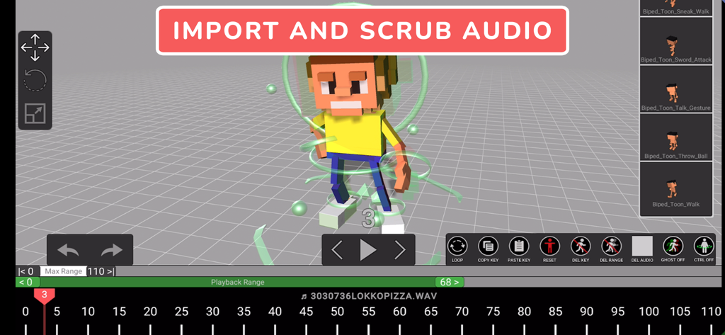 Oberfläche der Animatoon-App, die 3D-Voxel-Charakteranimation und die Audio-Scrubbing-Funktion auf einer Zeitleiste zeigt.