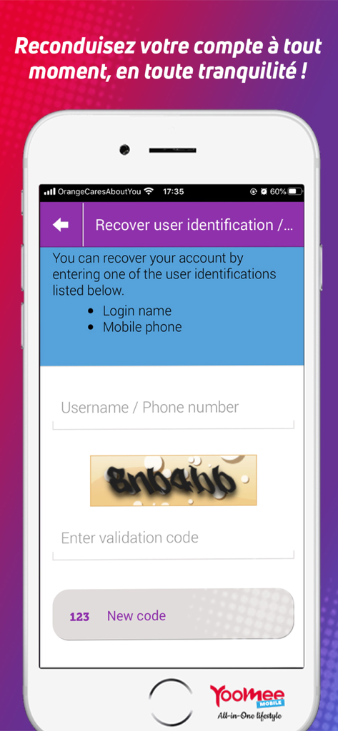 YooMee Mobile All In One - YooMee Mobile account recovery screen for username or phone number identification