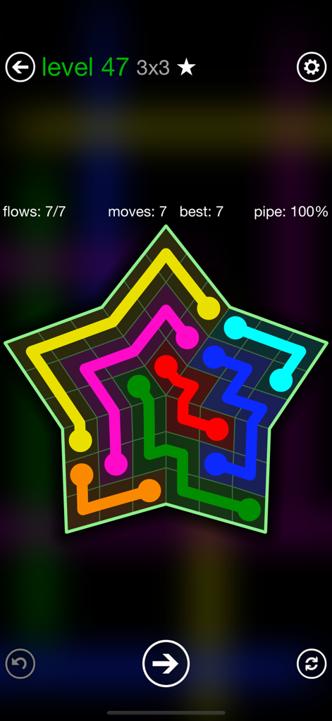 A completed star-shaped puzzle level in Flow Free Shapes featuring colorful connected pipes on a dark grid