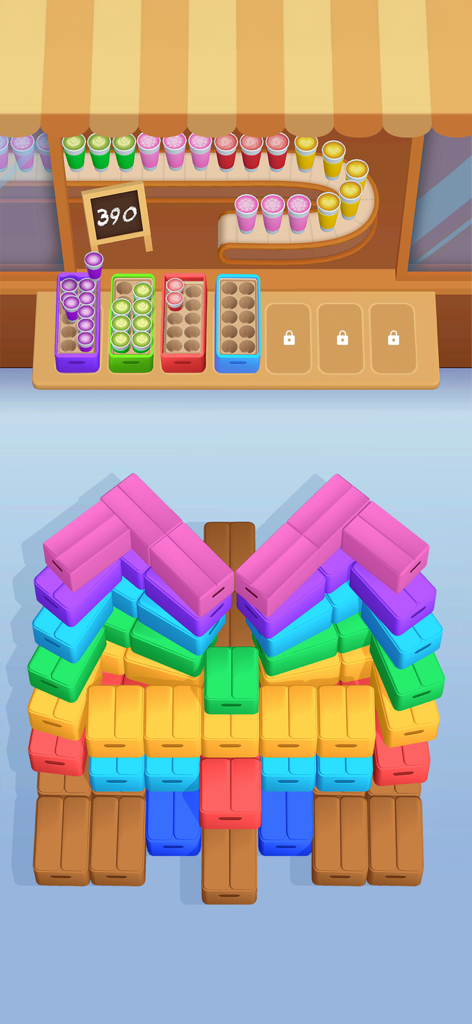 Coffee Craze - A colorful sorting puzzle in Coffee Craze featuring a cafe counter and a stack of vibrant blocks